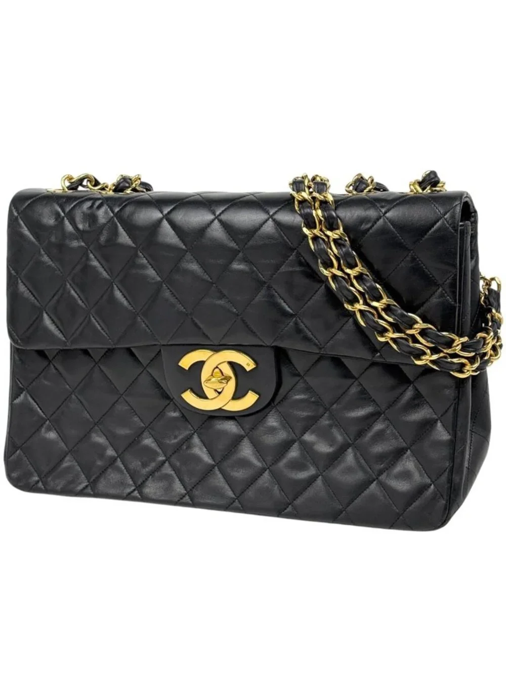 Chanel Big Quilted Shoulder Bag CC Logo Single Flap Chain Leather Black